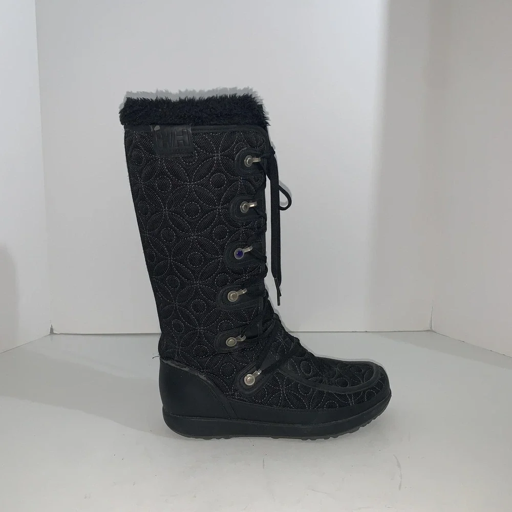 Helly Hansen Boots Womens Size 6.5 Black Quilted Faux Fur Lace Up Winter Snow